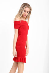 Frill Hem Ribbed Bardot Dress