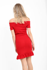 Frill Hem Ribbed Bardot Dress
