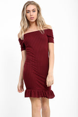 Frill Hem Ribbed Bardot Dress