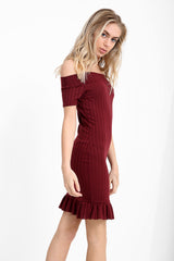 Frill Hem Ribbed Bardot Dress