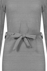 Ribbed Knitted Cold Shoulder Lurex Belted Dress