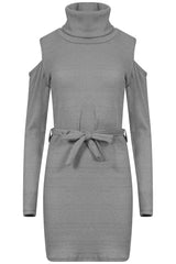 Ribbed Knitted Cold Shoulder Lurex Belted Dress