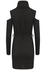 Ribbed Knitted Cold Shoulder Lurex Belted Dress