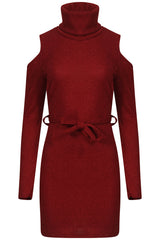 Ribbed Knitted Cold Shoulder Lurex Belted Dress
