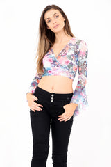 Floral Mesh Knot Front Bell Sleeve Crop Top