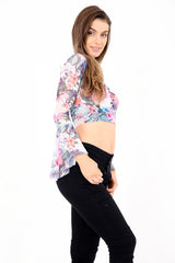 Floral Mesh Knot Front Bell Sleeve Crop Top
