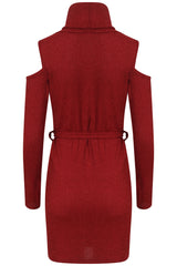 Ribbed Knitted Cold Shoulder Lurex Belted Dress