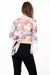 Floral Mesh Knot Front Bell Sleeve Crop Top