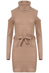 Ribbed Knitted Cold Shoulder Lurex Belted Dress