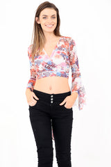 Floral Mesh Knot Front Bell Sleeve Crop Top