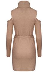 Ribbed Knitted Cold Shoulder Lurex Belted Dress