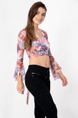 Floral Mesh Knot Front Bell Sleeve Crop Top