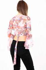 Floral Mesh Knot Front Bell Sleeve Crop Top