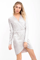 Pleated Metallic Wrap Bodycon Dress