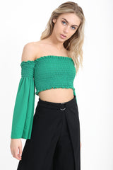 Long Sleeves Shirred Bardot Crop Top