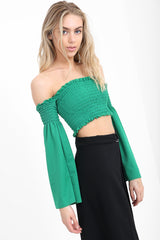 Long Sleeves Shirred Bardot Crop Top