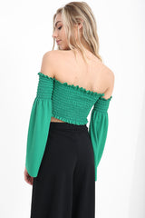 Long Sleeves Shirred Bardot Crop Top