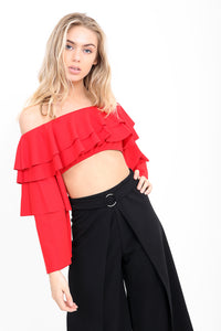 Extreme Layered Frill Bardot Crop Top - Red
