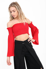 Long Sleeves Shirred Bardot Crop Top