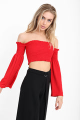 Long Sleeves Shirred Bardot Crop Top