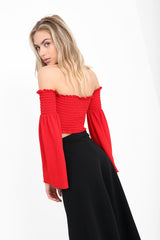 Long Sleeves Shirred Bardot Crop Top