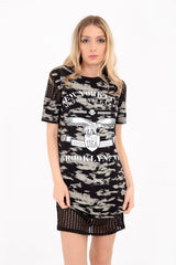 Fishnet Panelled 'NEW YORK' T Shirt Dress