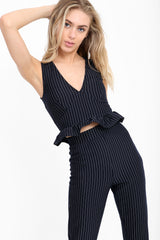 Burnout Pinstripe Ruched Frill Crop Top