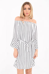 Tie Knot Belted Striped Bardot Dress