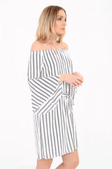 Tie Knot Belted Striped Bardot Dress