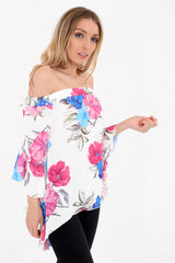 Floral Crepe Frill Asymmetric Hem Bardot Top