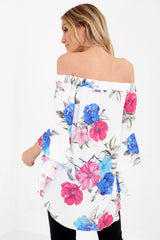 Floral Crepe Frill Asymmetric Hem Bardot Top