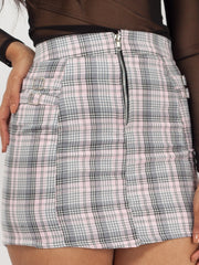 Tartan Check Buckle Zip Up Skirt