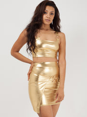 Metallic Wrap Over Skirt Buckle Top Co-ord
