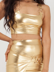 Metallic Wrap Over Skirt Buckle Top Co-ord