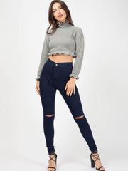 Ruffle Detail Cropped Knitted Jumper