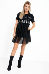 Happy Slogan Mesh Hem T-Shirt Dress