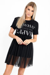 Happy Slogan Mesh Hem T-Shirt Dress