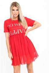 Happy Slogan Mesh Hem T-Shirt Dress