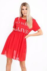 Happy Slogan Mesh Hem T-Shirt Dress