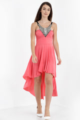 Studded Neckline High Low Dress