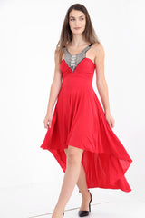 Studded Neckline High Low Dress