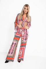 Patterned Print Tie Knot Bell Sleeve Crop Top