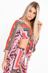 Patterned Print Tie Knot Bell Sleeve Crop Top