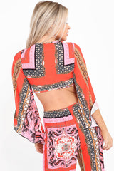 Patterned Print Tie Knot Bell Sleeve Crop Top