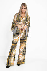 Patterned Print Tie Knot Bell Sleeve Crop Top