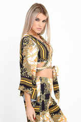 Patterned Print Tie Knot Bell Sleeve Crop Top
