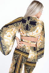 Patterned Print Tie Knot Bell Sleeve Crop Top