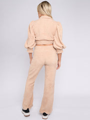 Borg Gold Button Crop Top & Flare Hosen Co-ordte