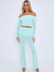 Slinky Bardot Crop Top & Fold Over Flared Trouser Co-ord