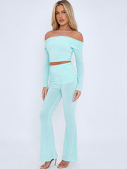 Slinky Bardot Crop Top & Fold Over Flared Trouser Co-ord